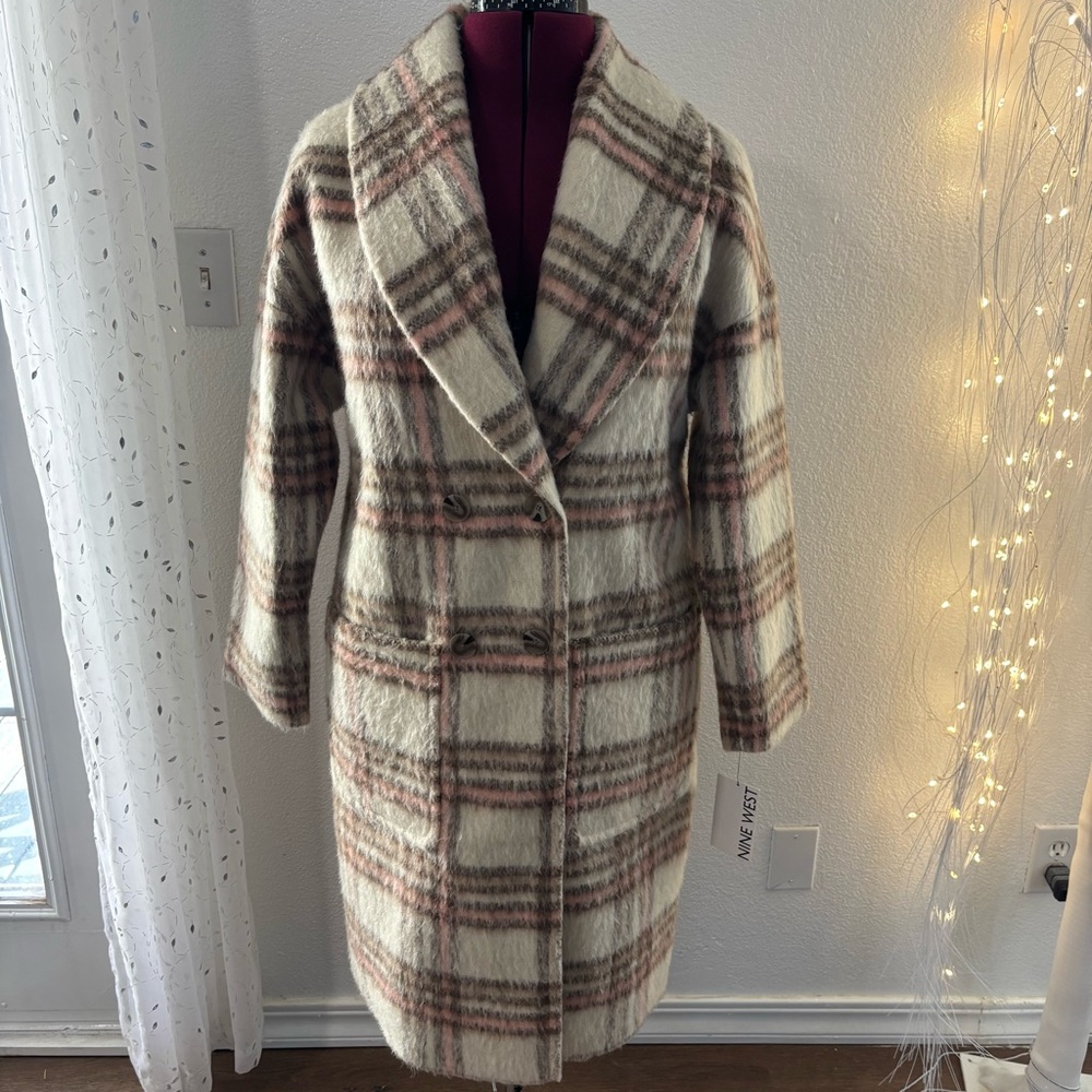 Nine West Cream and Brown Plaid Teddy Jacket